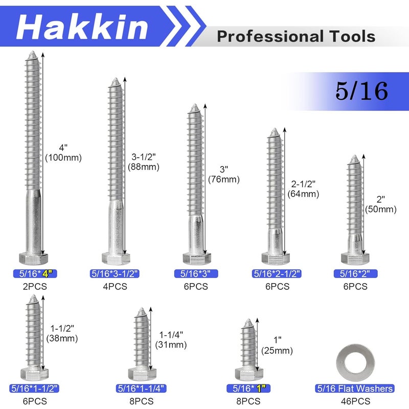 Hakkin 5/16" Hex Lag Bolts Screws Washer Assortment Kit 1" 1-1/4" 1-1/2" 2" 2-1/2" 3" 3-1/2" 4",92Pcs Stainless Steel Lag Screws,Heavy Duty Hexagon Head Lag Bolt Wood Screws Washer Kit by - Image 2